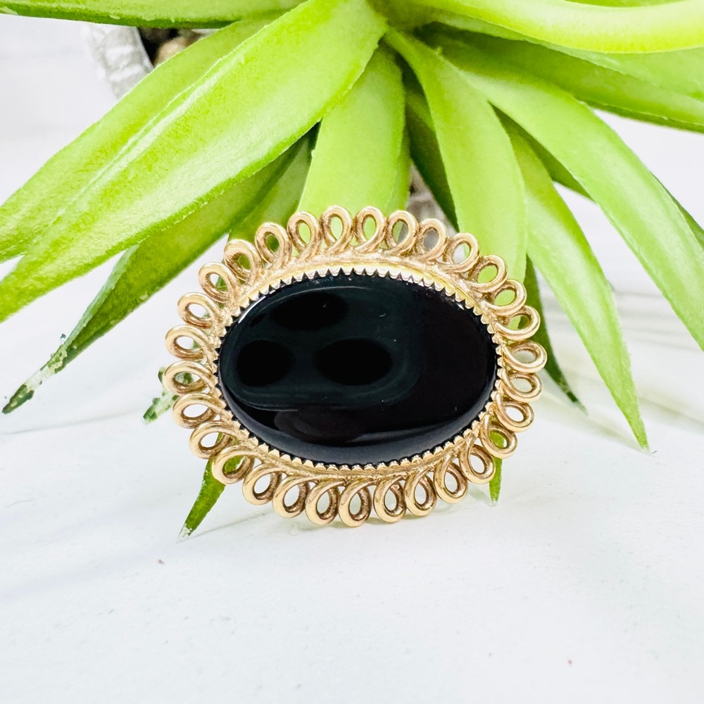 SOLD Vintage Catamore Black Tourmaline 12k Gold Filled Swirling Oval Brooch